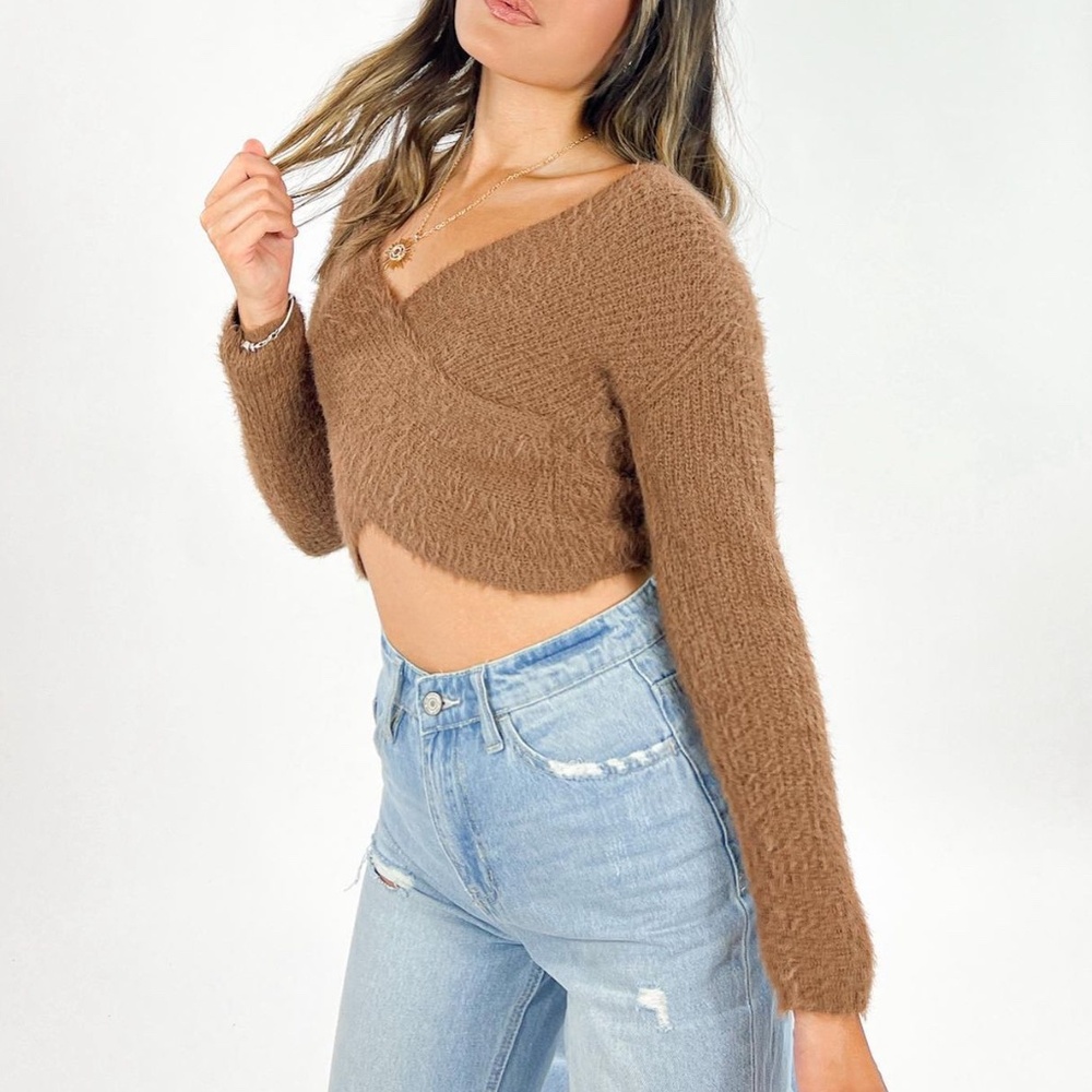 Brown Fuzzy Crossover Sweater